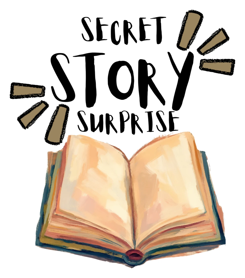 Secret Story Surprise: an open watercolor book with question marks floating around it